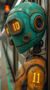 Retro-Futuristic Robot in a Subway Setting: A Blend of Past and Future