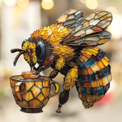 Stained Glass Artistry: A Vibrant Bee's Interaction with a Cup