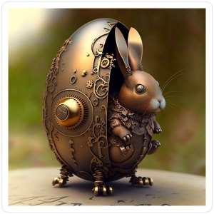 Steampunk Enchantment: The Whimsical Bunny's Advent from a Metallic Egg
