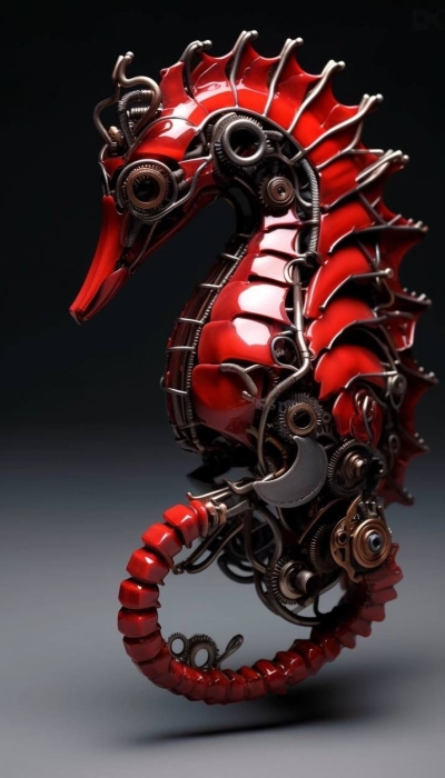 Steampunk Seahorse: A Masterpiece in Red and Metallic Design