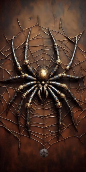 Stylized Spider and Intricate Web on a Brown-Toned Background