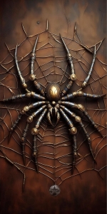 Stylized Spider and Intricate Web on a Brown-Toned Background
