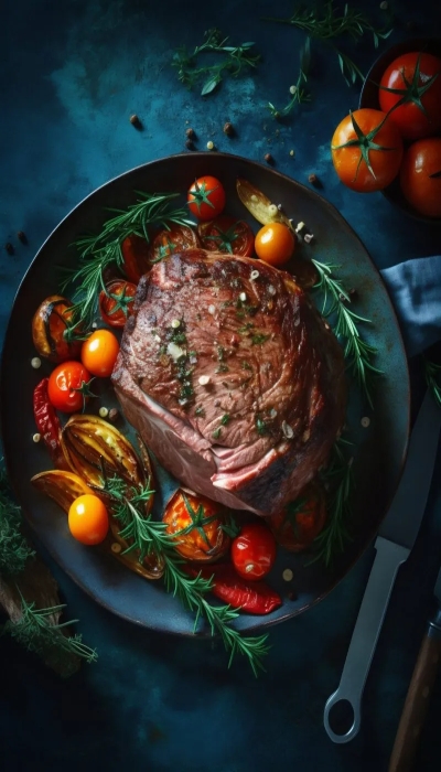 Succulent Roast Meat Surrounded by Garden-Fresh Tomatoes and Herbs