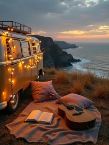 Sunset Camping Escapade: Ocean View from a Vintage Van