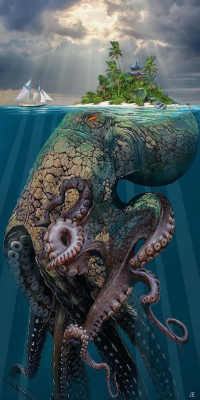 Surreal Marine Dreamscape: A Blend of Whales, Octopuses, and Fantastical Islands