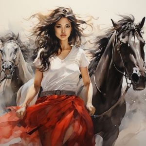 The Dance of Freedom: Woman in Red Amidst Horses