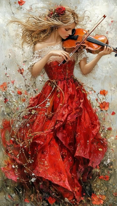 The Symphony of Nature: Woman in Red Playing Violin