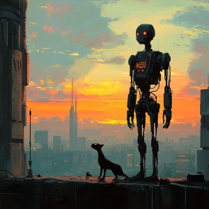 The Unlikely Kinship: A Robotic Giant and a Petite Canine in a Futuristic Cityscape