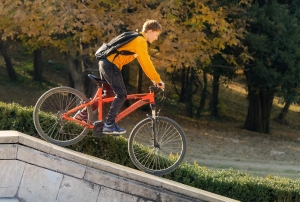 Thrilling Mountain Bike Stunt: Boy in Orange Jacket Tackles Slope
