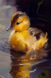 Tranquil Moments: Adorable Fluffy Duckling Floating on Reflective Water