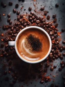 Unveiling the Freshly Brewed Dark Coffee Surrounded by Scattered Beans