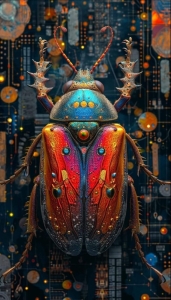 Vibrant Beetle Illustration Against a Technology-Inspired Background: A Digital Art Adventure