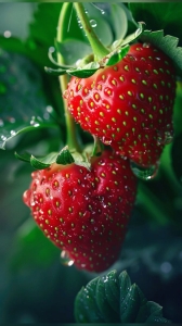 Vibrant Freshness: Dew-Kissed Strawberries Amidst Green Foliage