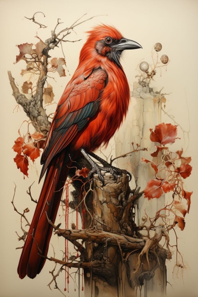 Vibrant Red Bird Amidst Autumn Splendor: A Study in Nature's Artistry