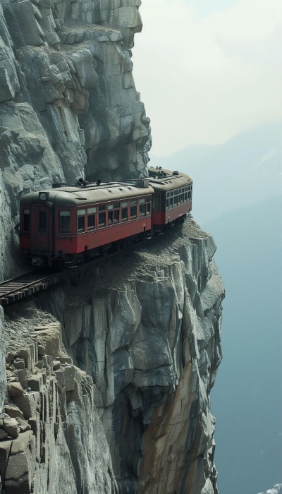 Vintage Train Journey: A Scenic Adventure Along Cliffside Tracks